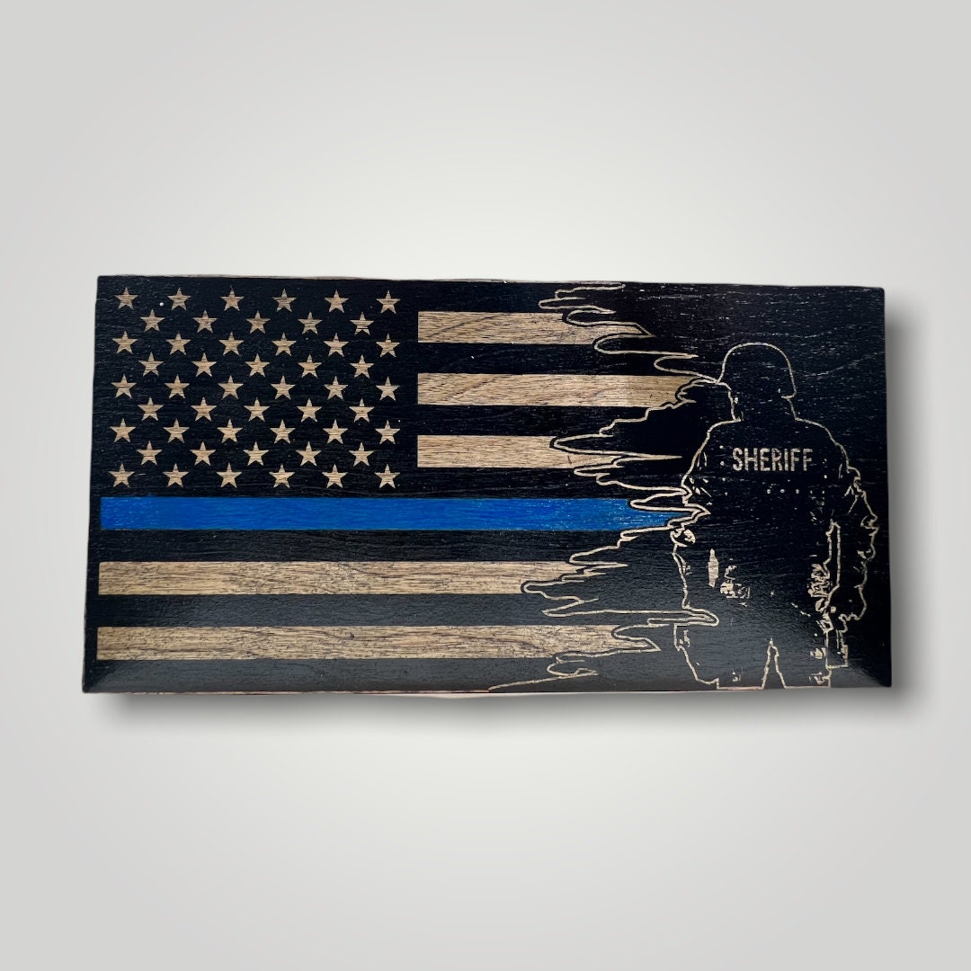 Split Sheriff Thin Blue Line Wooden Desktop Flag