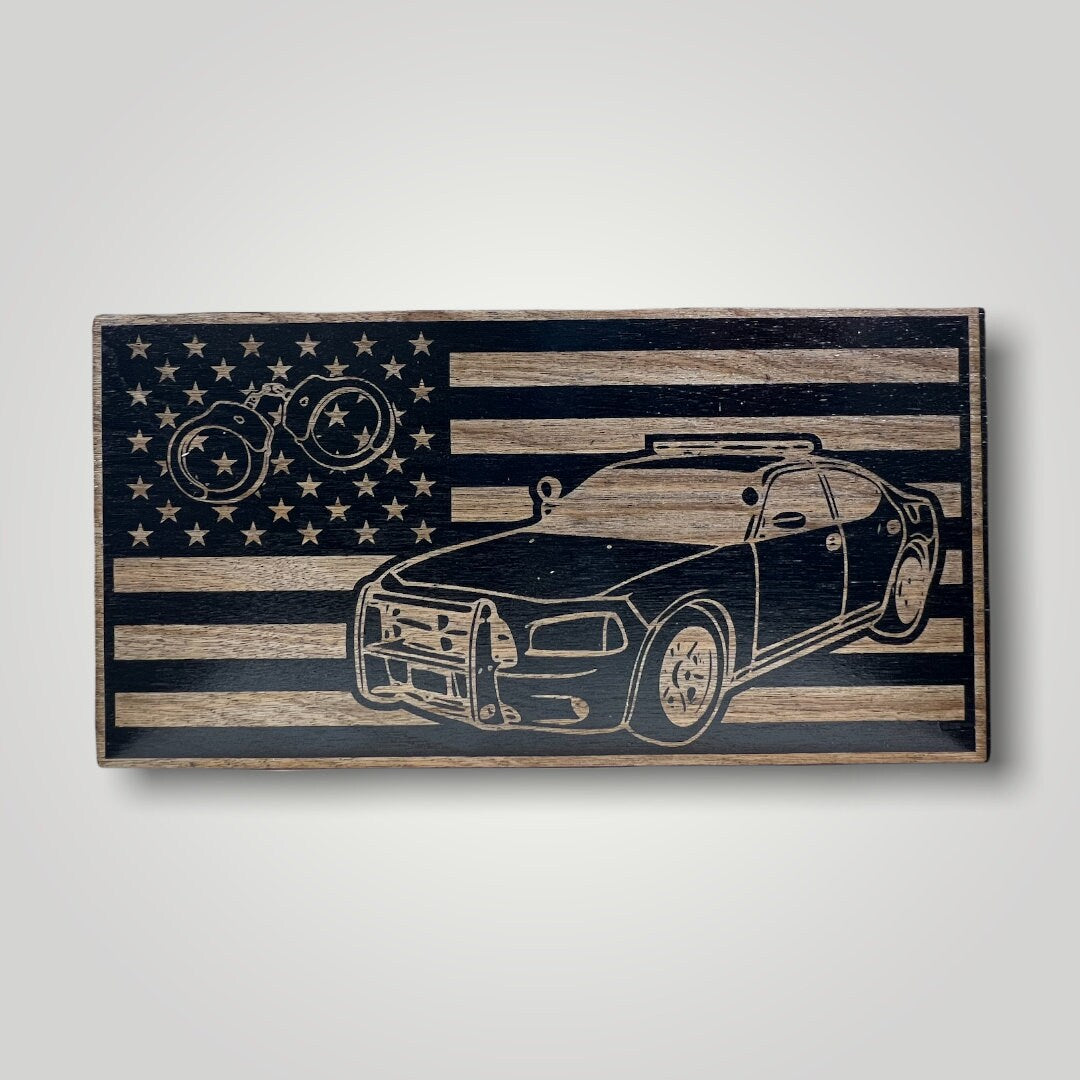 Police Cruiser Wooden Desktop Flag