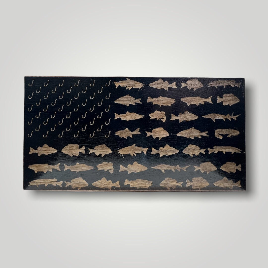 Fish and Hooks Wooden Desktop Flag
