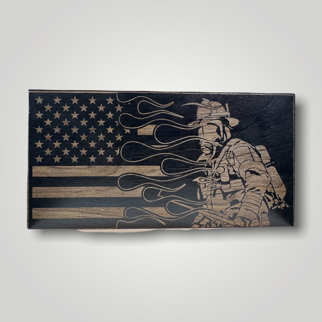 Split Flames FireFighter Wooden Desktop Flag
