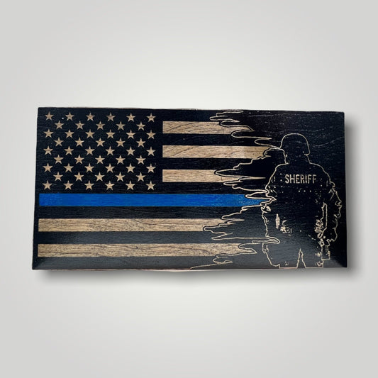 Split Sheriff Thin Blue Line Wooden Desktop Flag