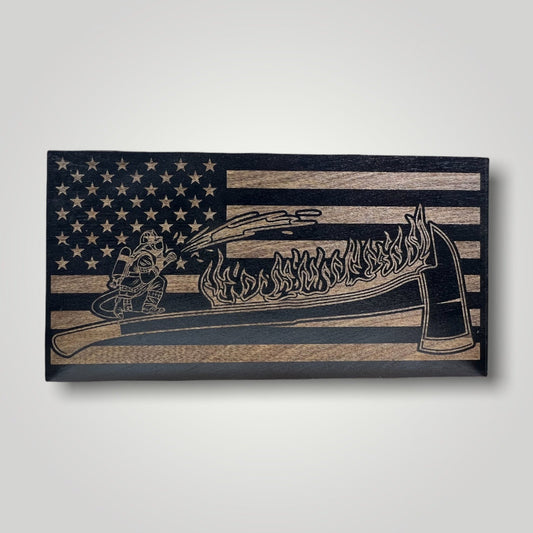 FireFighter on Ax Wooden Desktop Flag