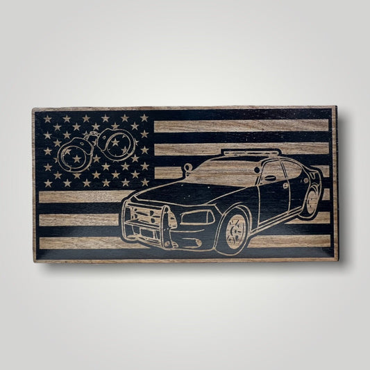 Police Cruiser Wooden Desktop Flag
