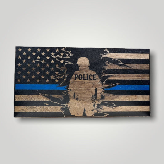 Split Police Thin Blue Line Wooden Desktop Flag