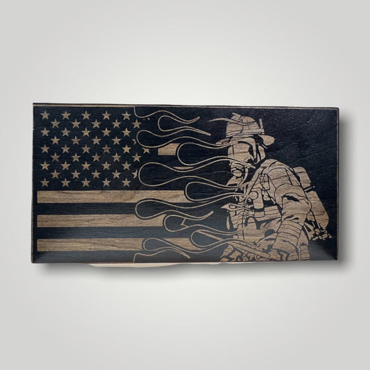 Split Flames FireFighter Wooden Desktop Flag