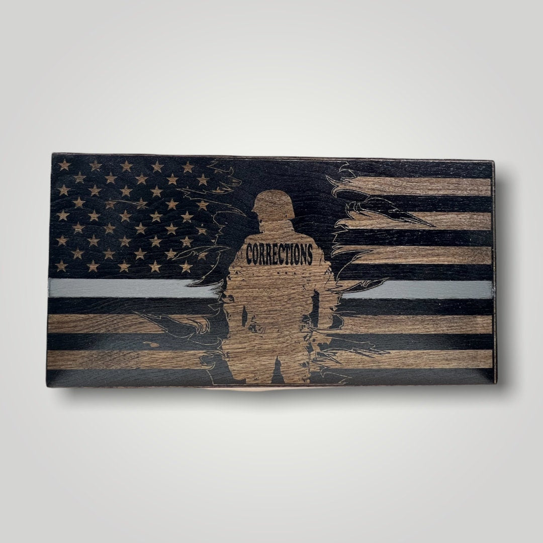 Corrections Thin Gray Line Wooden Desktop Flag