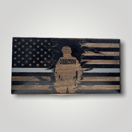 Corrections Thin Gray Line Wooden Desktop Flag